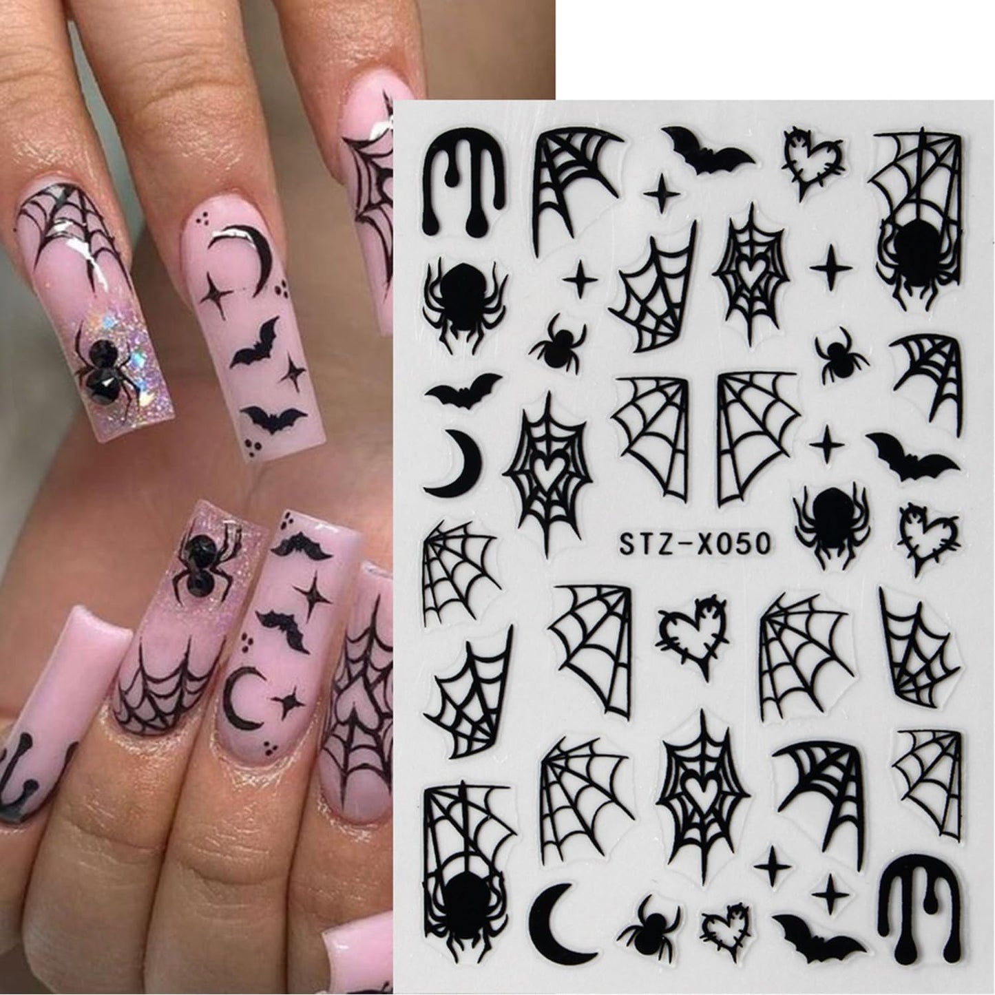8 Sheets Halloween Nail Art Stickers Decals Spider Web Nail Stickers 3D Self-Adhesive White Black Gold and Silver Glitter Spider Web Designs Nail Decals Decorations for Women Halloween Nail Charms