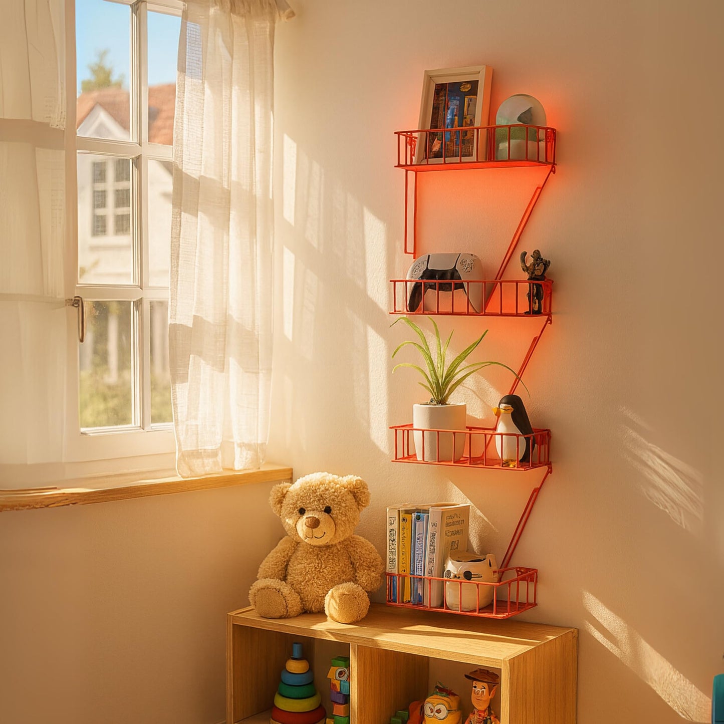 4 Tier Fire Escape Wall Shelf – New York Decorative Floating Shelf – Wall Art Ladder Shelf – Red Metal Trinket Shelves for Bedroom, Home, Office, Storage and Display