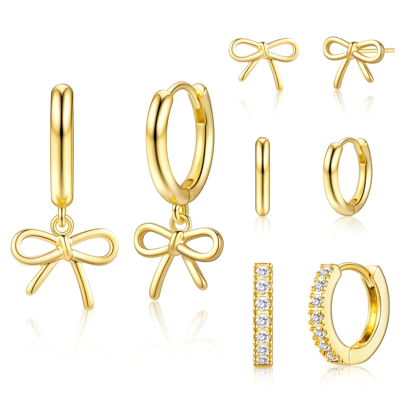 Gold Bow Earrings for Women,Huggie Small Stack Cartilage Stud Hoop Earring Sets for Multiple Double Piercing, Conch Helix Rook Tragus Daith Piercing Gold Clip On Jewelry Set Gifts