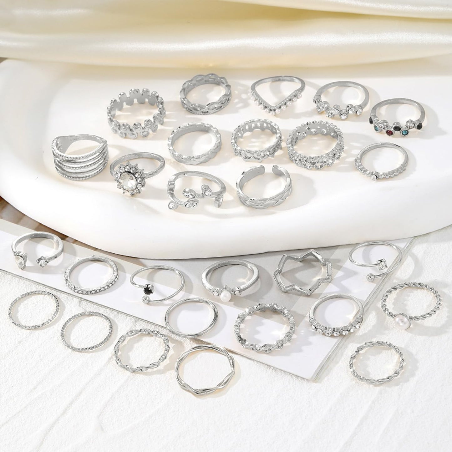 IFKM 28 Pcs Silver Knuckle Rings Set For Women Vintage Stackable Joint Finger Midi Rings Dainty Cubic Zirconia Crystal Simple Twist Hollow Cute Rings Pack Jewelry Gift (Starry Sky, Silver)