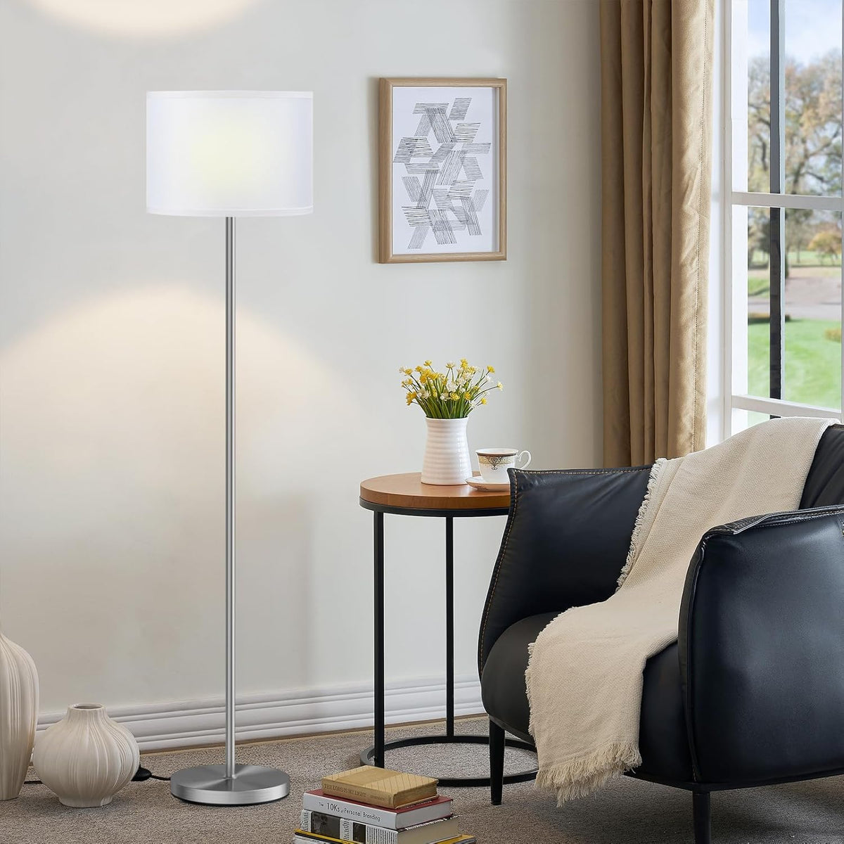 Ambimall 60'' Modern Floor Lamp with Shade, Tall Lamps for Living Room, Bedroom, Office, Dining Room, White Shade with Silver Pole(Without Bulb)