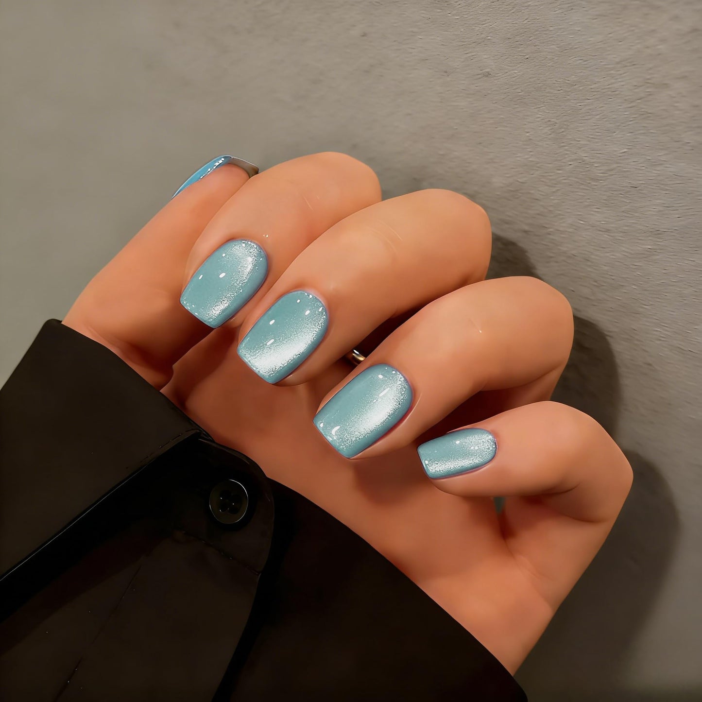 KQueenest Cat Eye Press On Nails Short - Light Teal Blue Press On Nails Square, 30 Pcs 15 Sizes Sparkly Glitter Fake Nails Press ons, Thick Quality, Reusable Small Glue on Nail for Women Summer