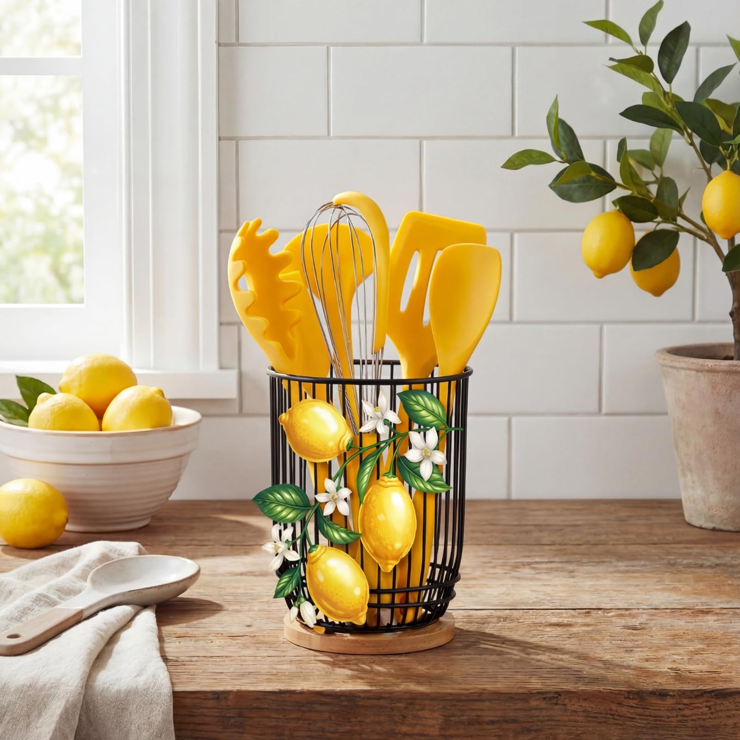 Ferrochef 7 Pcs Lemon Kitchen Decor and Accessories Silicone Cooking Utensils Set with Crock Organizer Heat Resistant Tools Set Slotted Turner Pasta Spoon Soup Ladle Whisk Spatula Salad Server