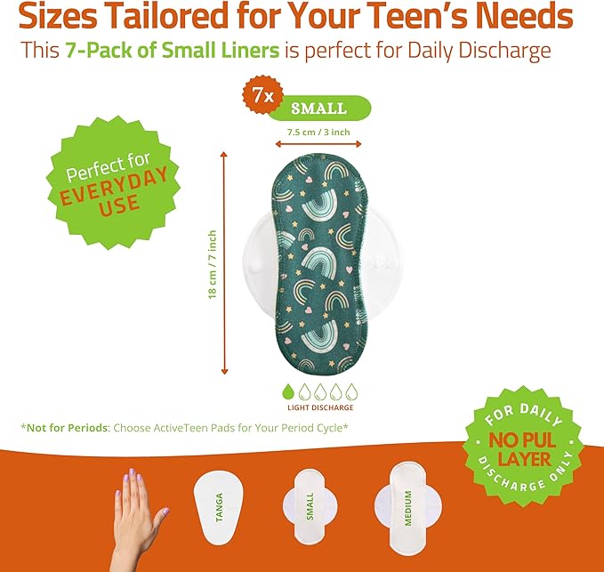 Non-Slip Reusable Panty Liners for Teen Girls (Small, 7-Pack); High-Temp Washable Organic Cotton Cloth Liners; Stay Fresh & Dry, Ultra-Thin, 100% Breathable, for Daily Vaginal Discharge Only (No PUL)