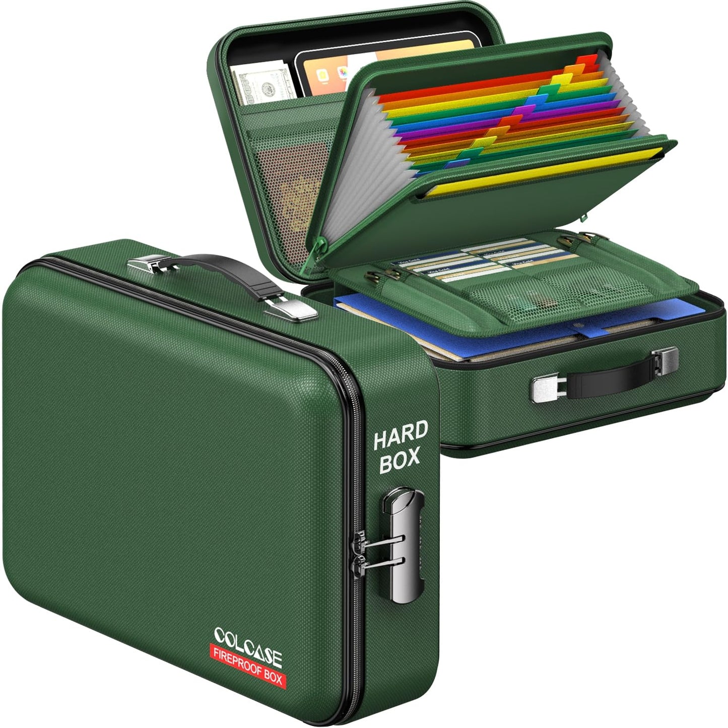 COLCASE Fireproof Document Folder, Hard Fireproof Waterproof Document Box with Lock Creative Hard-Shell Design Fireproof Document Box for Important Documents Certificates Laptop Passports Green