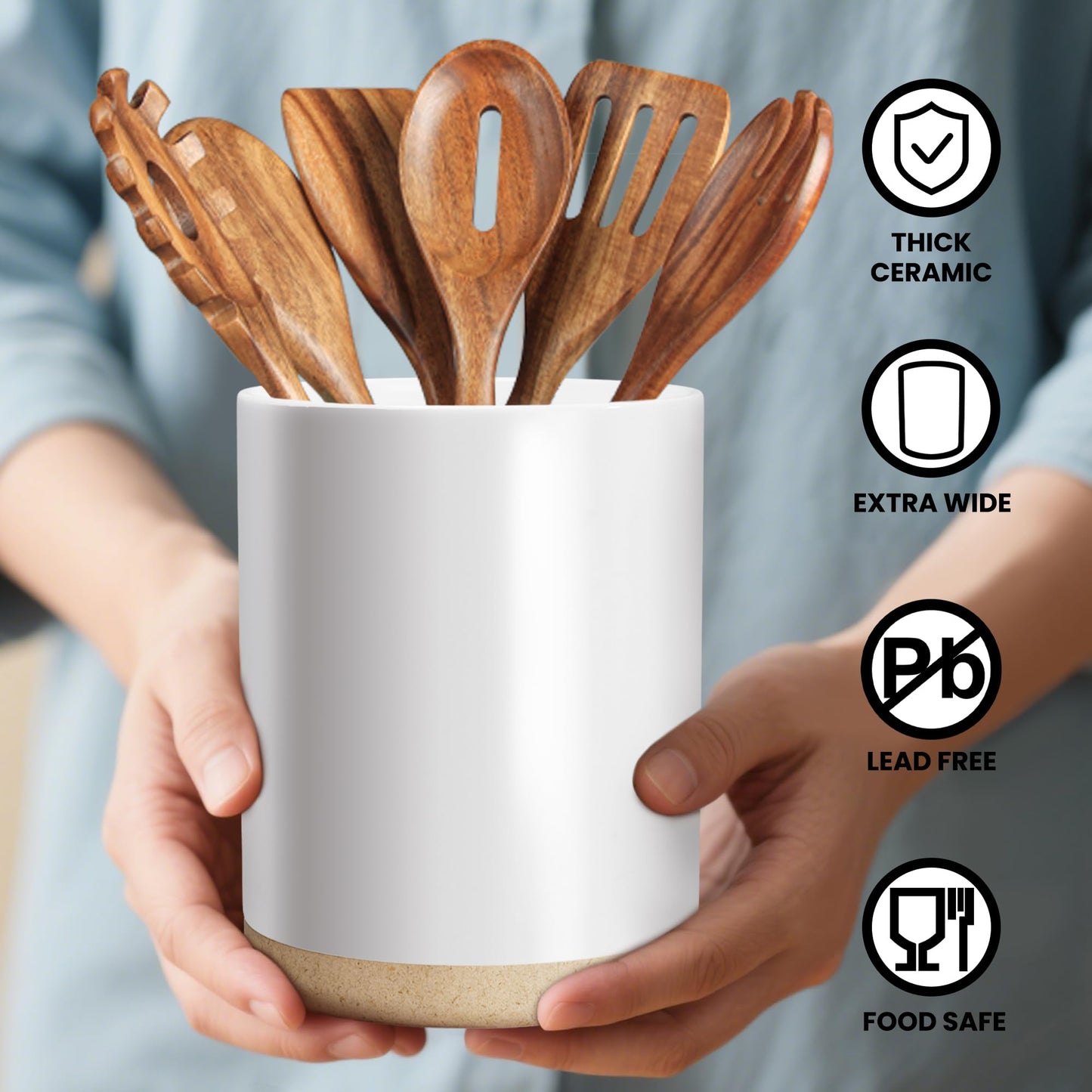 Taxenxar Ceramic Kitchen Utensil Holder for Countertop, Modern Crock with Non-Slip Cork Base, Counter Organizer for Cooking Tools , White
