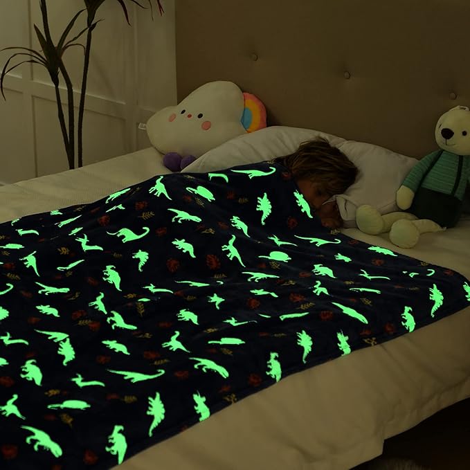 SOCHOW Glow in The Dark Throw Blanket 60 x 80 Inches, Jurassic Dinosaur Pattern Soft Cozy Flannel Fleece Blanket for Sons Daughters, All Seasons Navy Blue Presents Blanket for Preteens Teens