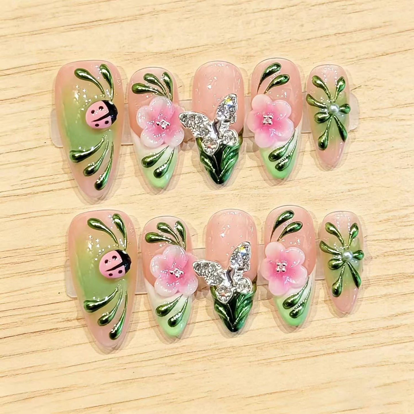 Luxury Press on Nails Medium Almond Handmade 3D Unique Reusable Gradient Flowers Fake Nails French Tip False Nails with Designs Butterfly Glossy Glue on Nail Thick Acrylic Nail for Women10Pcs（S)