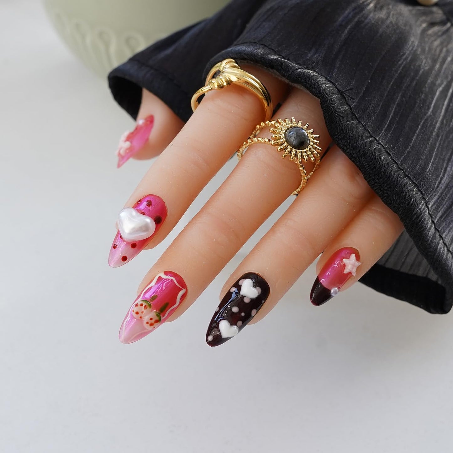 Handmade Press on Nails for Women - Medium Almond 3D Thick Acrylic Reusable Fake Nails with Designs Summer Floral Boho Funky Tropical Cute Nail-art Set 10pcs,chrome-pink,M