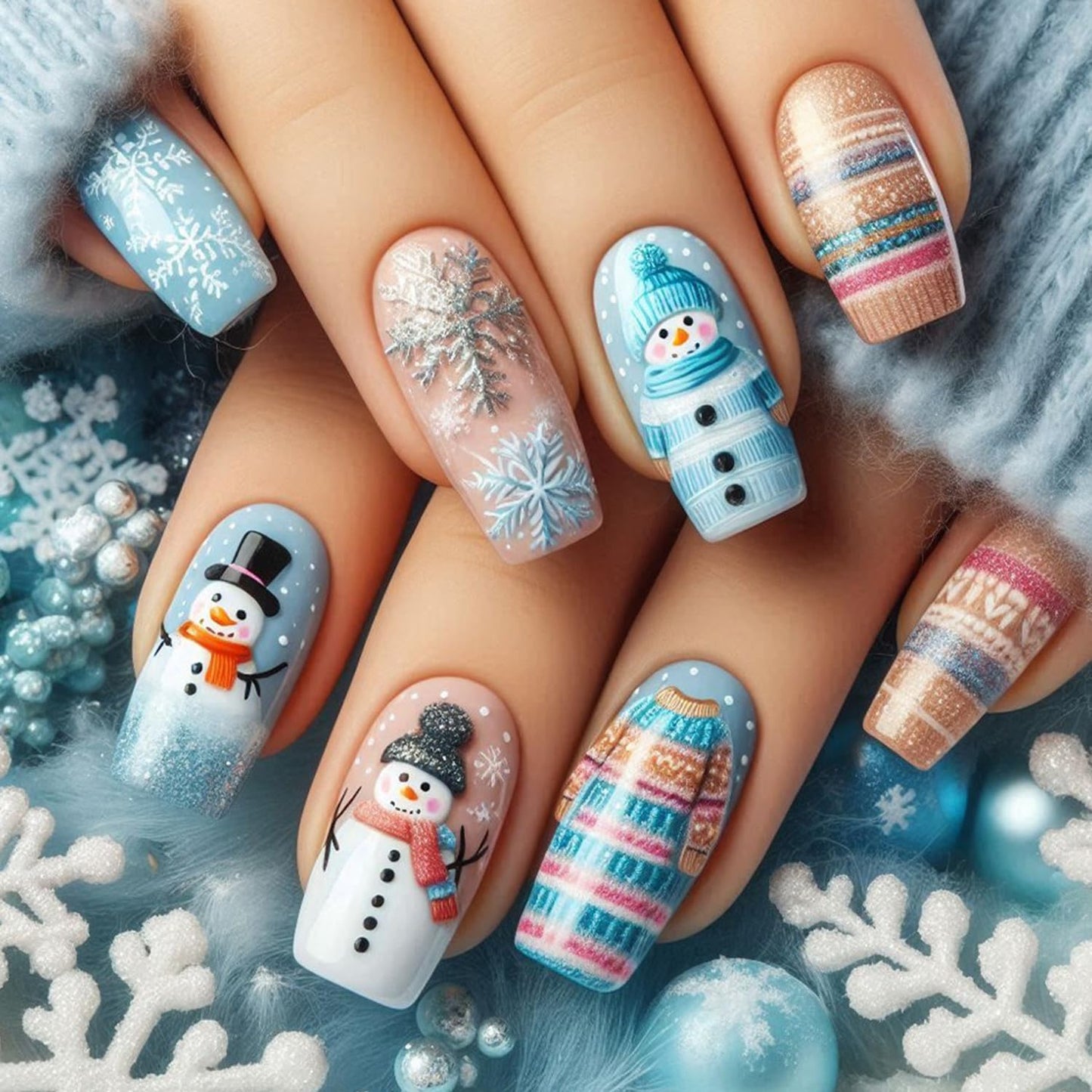 CJDLTS Christmas Press on Nails Long Artificial Square Acrylic False Nails 3D Relief Snowflake Snowman with Plaid Stripe Stick on Nail Full Cover Artificial Fingernails for Women Festival Manicure