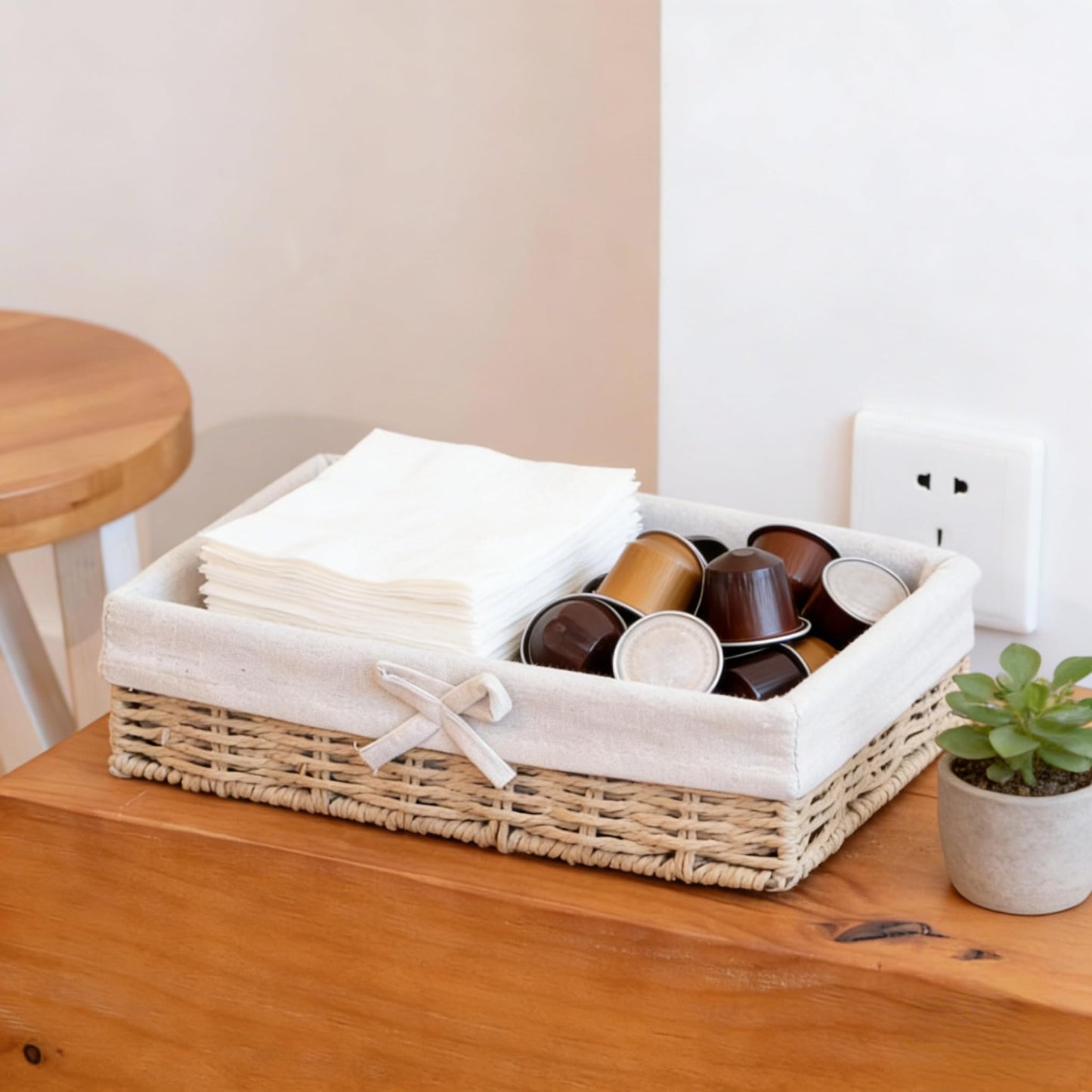 Shallow Storage Baskets for Shelves, Set of 4 Lined Wicker Baskets for Organizing, Khaki Paper Rope Shelf Storage Bins for Pantry, Closet, Bathroom