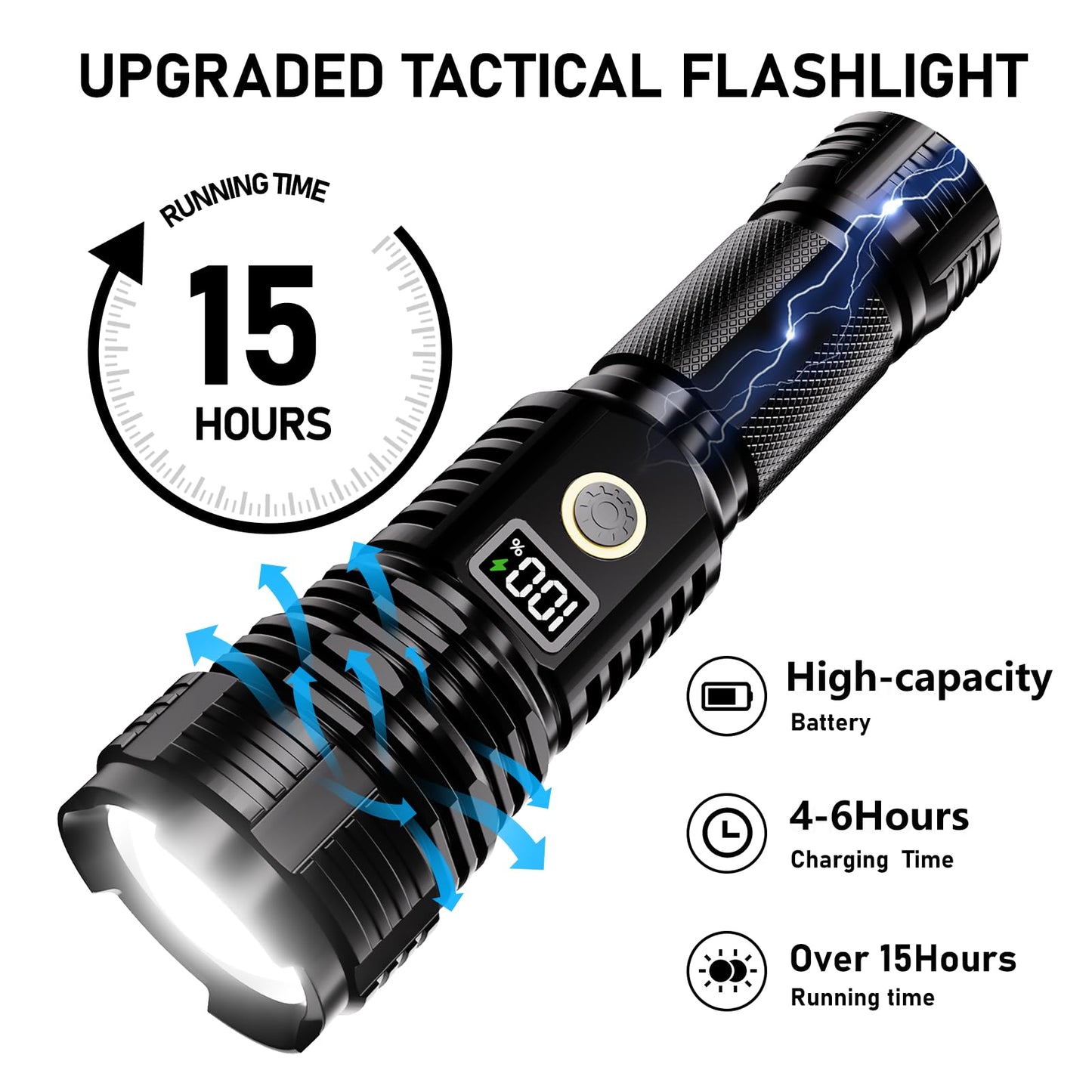 Flashlights High Lumens Rechargeable, 100,000LM LED Super Bright Flash Light, Zoomable Linternas with LCD Digital Display, 5 Mode, Waterproof, Powerful Tactical Flashlight for Emergencies Camping Gift