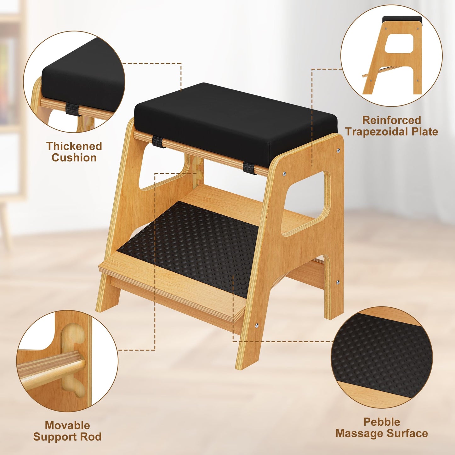 WWMFS Adjustable Wooden Foot Rest, Double Step Footstool with 3 Height Levels, Cushioned Top & Non-Slip Base, Ergonomic Under Desk Leg Rest for Office Home