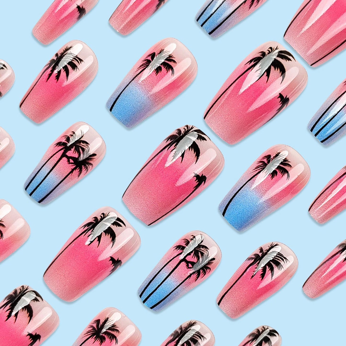 24Pcs Coconut Tree Press on Nails Medium Ballet Shaped Blue Pink Gradient Acrylic Fake Nails Full Cover Glossy Summer Artificial Nail Medium Press Ons Stick on Nails DIY Glue on Nails for Women