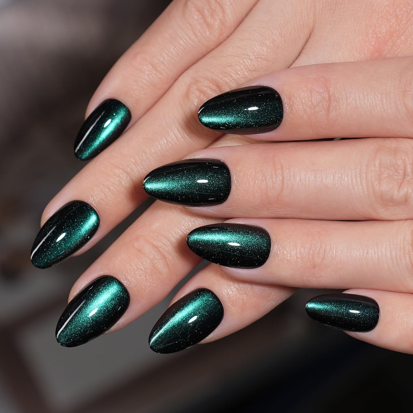 Emerald Green Cat Eye Press On Nails, Short Almond Green Nails Press Ons for Women Fake Nails with Glue, Glossy Reusable Glue on Nail in 16 Sizes - 32pcs