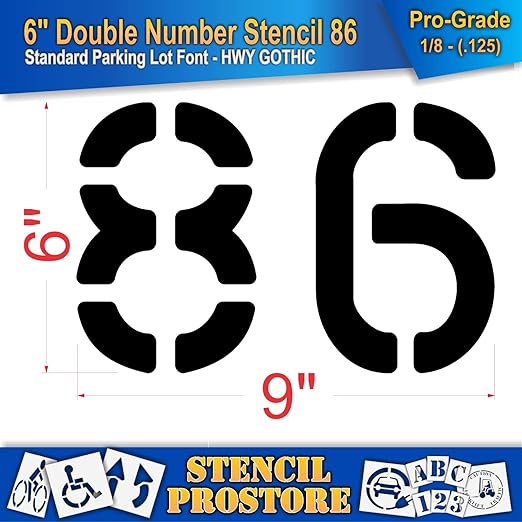 Pavement, Curb, and WheelStop Stencils - 6 inch Double Number Stencil - (86) - 6" x 9" x 1/8" (128 mil) - Pro-Grade