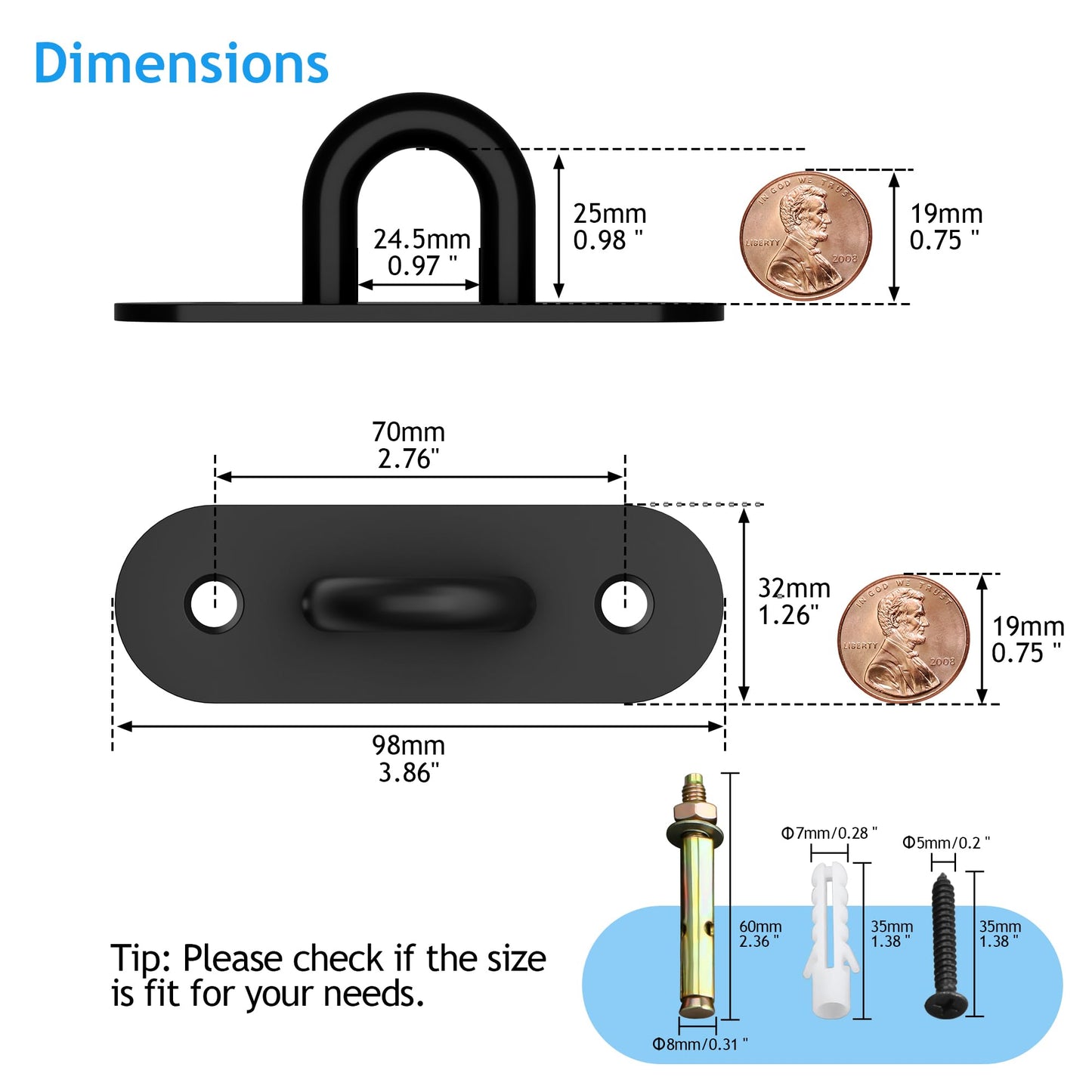 SAYAYO Pad Eye Plate Hooks U Ceiling Hook for Hanging Plants Outdoor Lights Swing Suspension Marine Hardware Staple Hook Loop with Screws Stainless Steel Wall Mount, Black 4 PCS