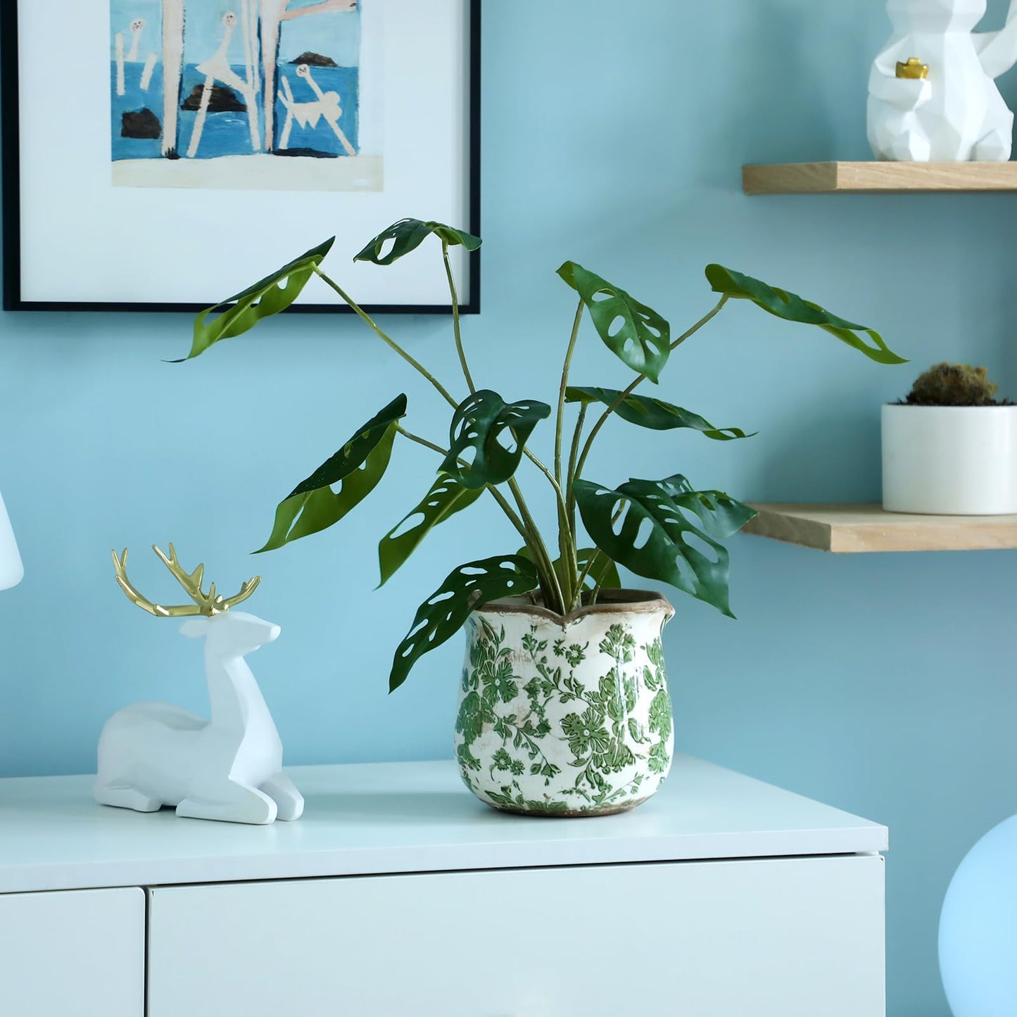 Newtay 6 Inch Ceramic Planter Green Scroll Planter Decorative Plant Pots with Crackle Glaze for Home Garden Kitchen