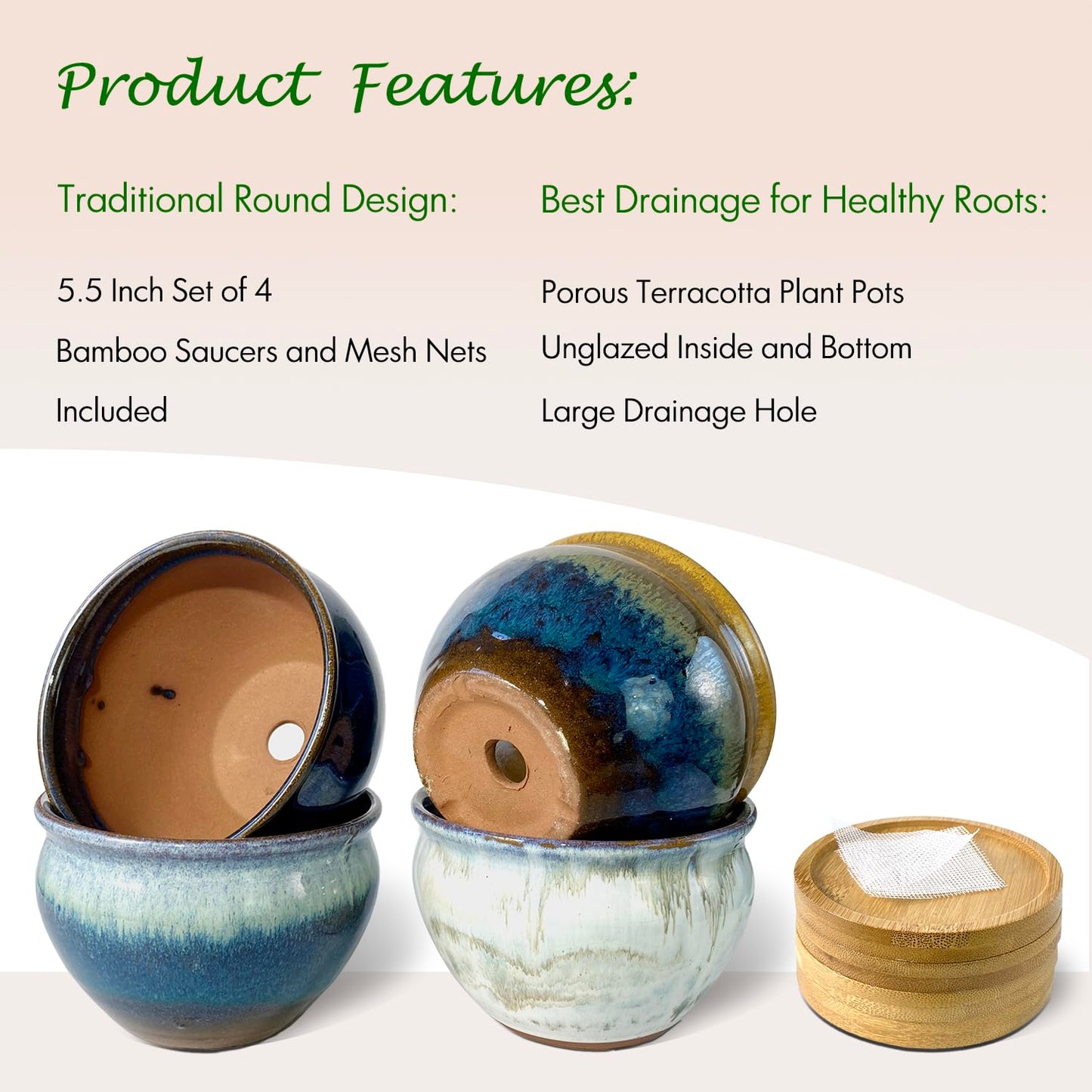 Summer Impressions 5.5 Inch Succulent Pot with Drainage and Saucer Glazed Terracotta Round Ceramic Succulent Planter Cactus Bonsai Plant Pot (Set of 4)