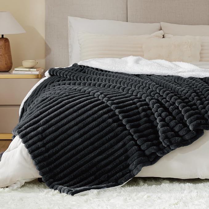 INFIIXSO Sherpa Throw Blanket for Couch - Super Soft & Warm Striped Fleece Blanket, Cozy Plush Fluffy Blanket All Season Use (Black, 60x80 Inches)