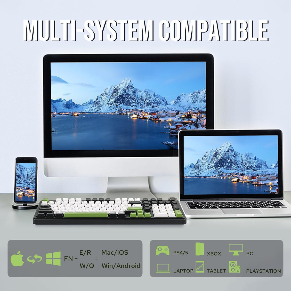 EPOMAKER X Aula F99 PRO Wireless Gaming Keyboard with 8000mAh Battery, Hot Swappable Creamy Keyboard, 2.4GHz/Type-C/BT5.0, NKRO, RGB Backlit for Win/Mac/Gaming (Black&White&Green)