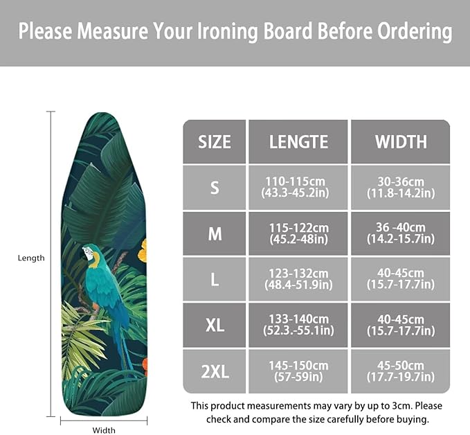 ZCFYGDX Ironing Board Cover Easy Install with Elastic Edge 3 Bottom Nylon Buckle Straps Breathable Ironing Decor Suitable for Wide Ironing Board House Decor Parrot Palm Leaf Print Size-XL
