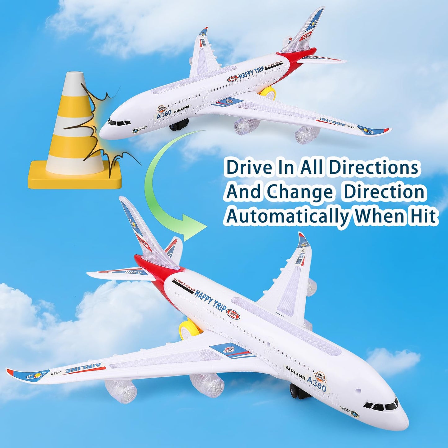 AtomDream Tech Bump and Go Airplane Toy with 4D Lights & Sounds, Realistic Moving Plane with Automatic Direction Change, Interactive Aircraft Toy for Boys & Girls Ages 3–12, (Red)