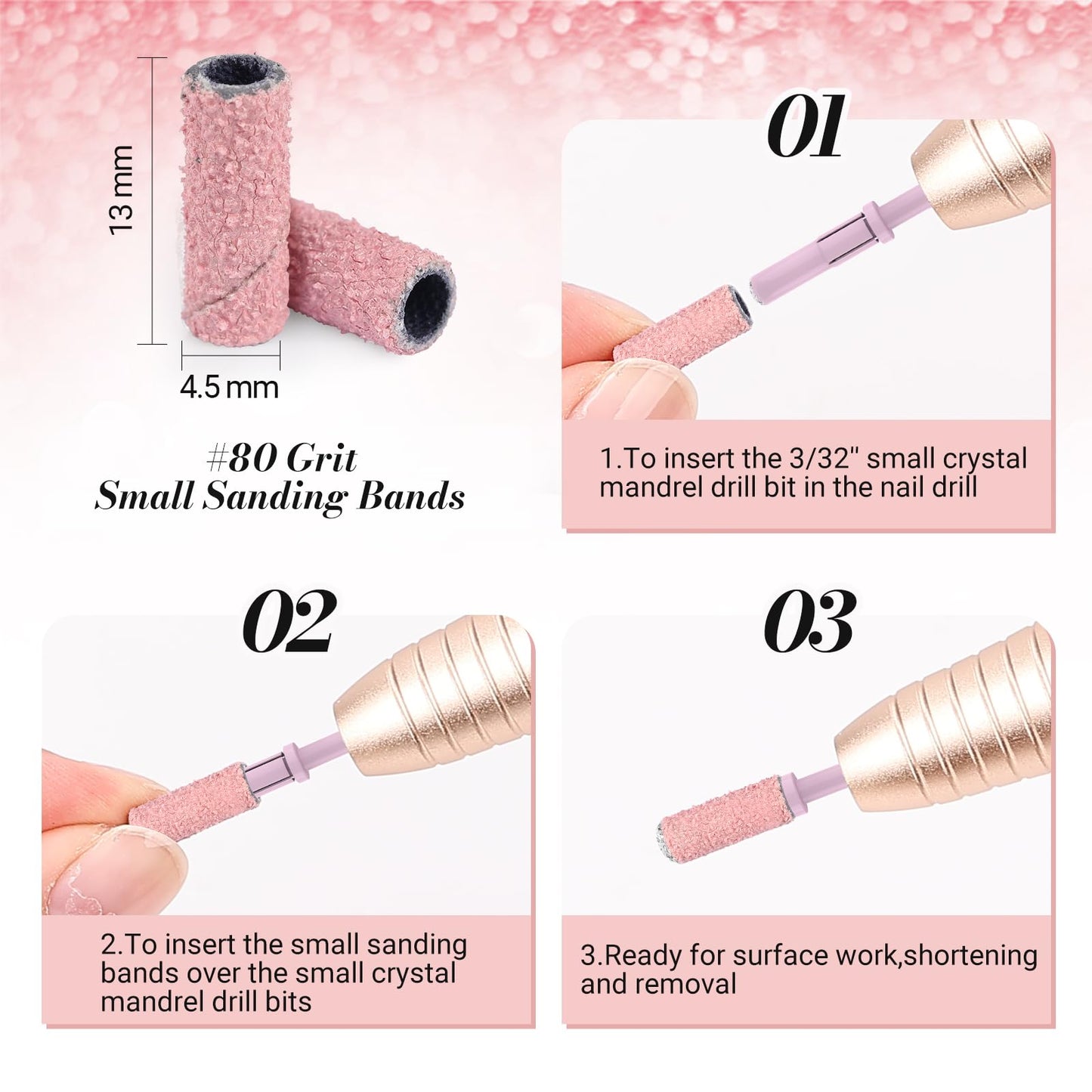 MelodySusie 50 Pcs Nail Drill Bits Small Sanding Bands with 3.1mm Mandrel Bit, 80 Coarse Grit Nail File for Acrylic Nails Gel Manicures and Pedicure, Pink