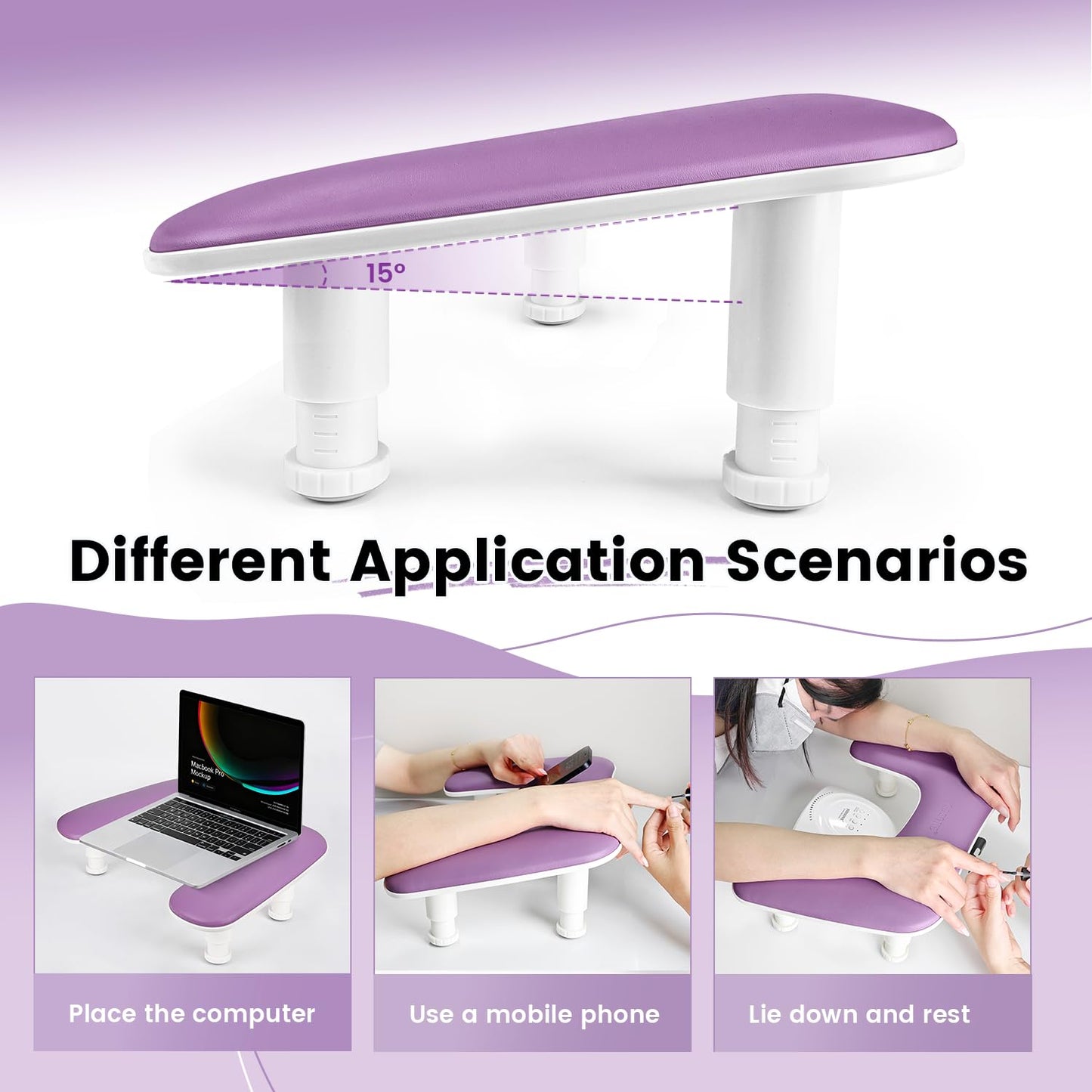 JODSONE Purple U-Shaped Manicure Arm Rest for Nails Tech with Rotating Phone Holder and Adjustable Nail Arm Rest Detachable Manicure Hand Rest for Salon Design