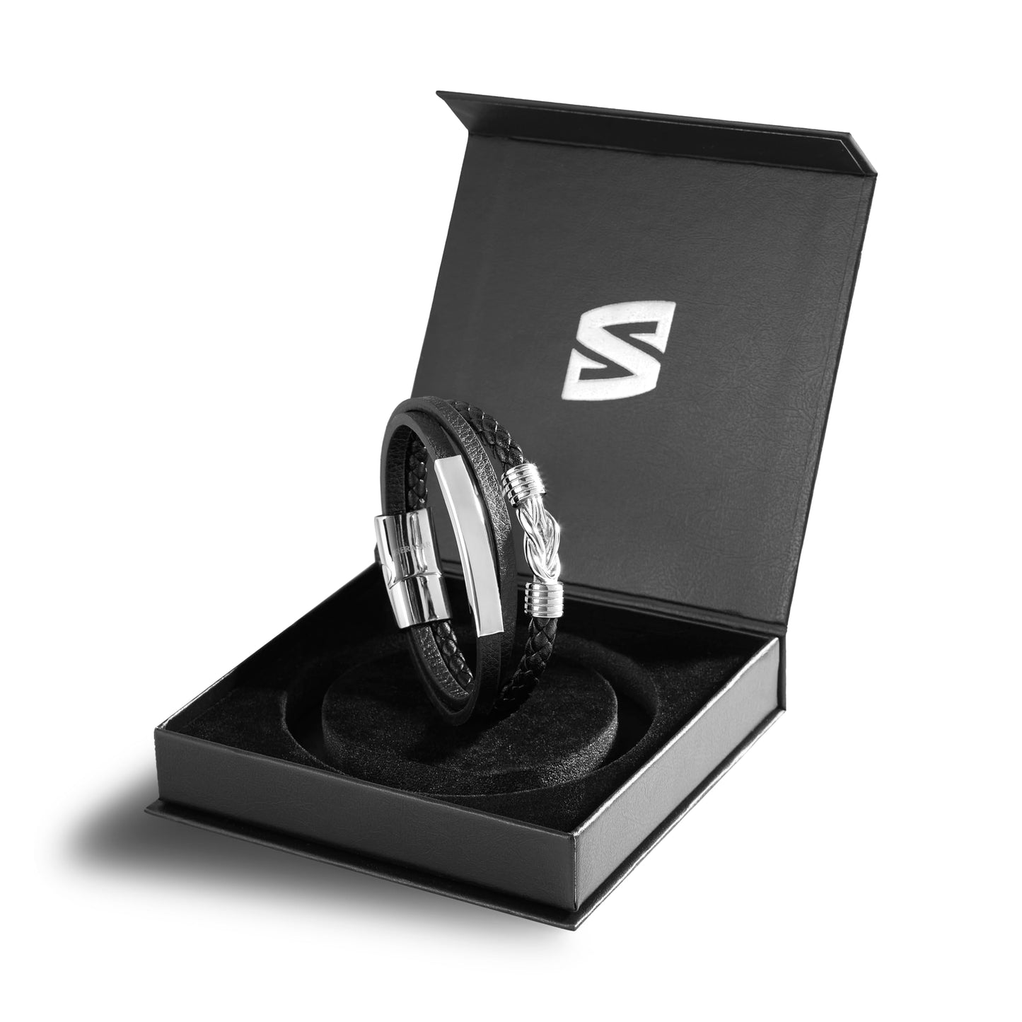 SERASAR Mens Silver Bracelets 23cm Bracelet Men Gift Box Genuine Leather Cowhide Braided Magnetic Clasp Multi Layer Wrap Rope Man Mans Male Band Jewelry Magnet Accessories