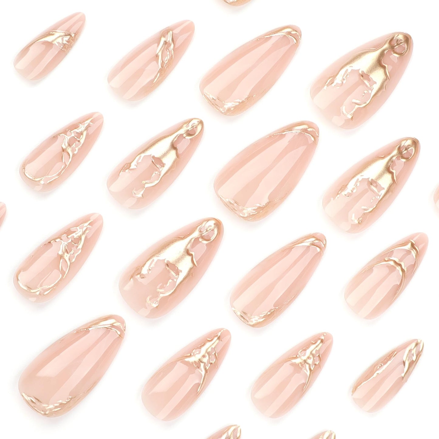 Gold Press On Almond False Nails - Medium Fake Nails with 3D Gold Chrome Design - Glossy Full Cover Stick On Press Ons for Women - 24 Pcs