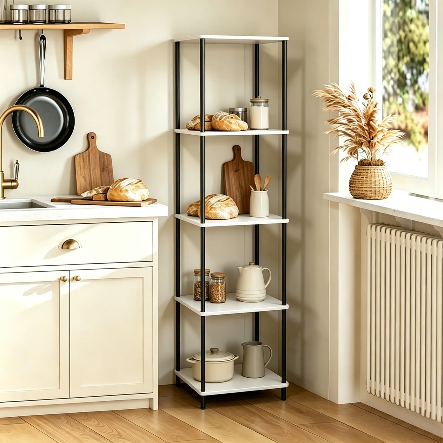 FredCache 5 Tier Corner Bookshelf,Wooden Standing Shelf Unit with Thin Metal Frame,Anti-Tip Design Narrow Storage Organizer for Small Spaces,Living Room Bedroom Office Kitchen,White