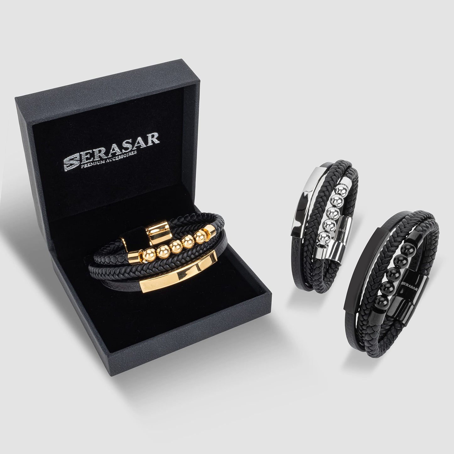 SERASAR Mens Original Leather Bracelet 20cm Black Men Gift Box Genuine Braided Adjust Able Magnetic Clasp Multi Layer Wrap Rope Man Mans Bracelets Jewelry Magnet Accessories