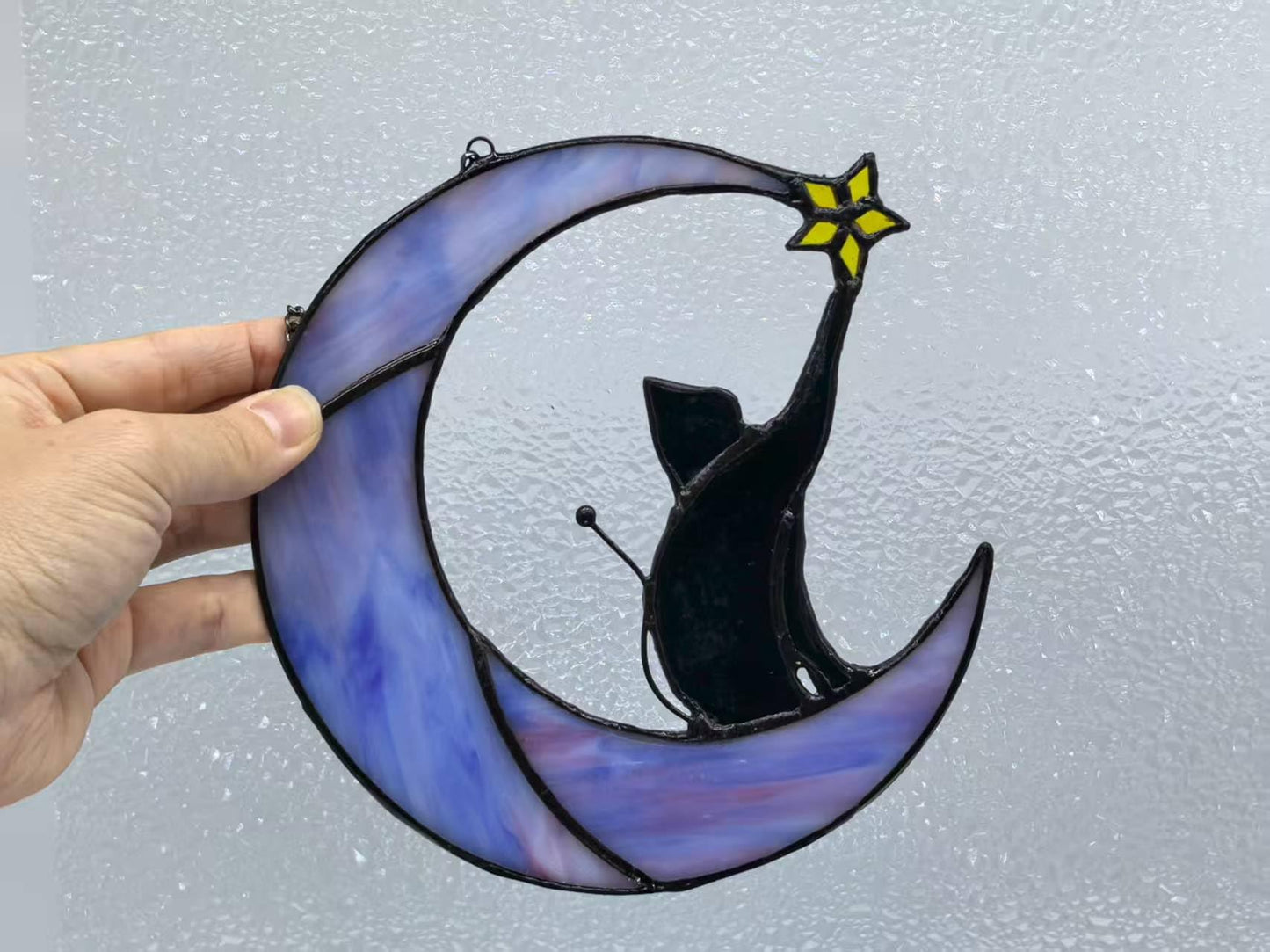 GONGWANTON Handmade Cat Stained Glass Window Suncatcher, Moon Design, Home Decor Hanging Ornament (Gift 5)