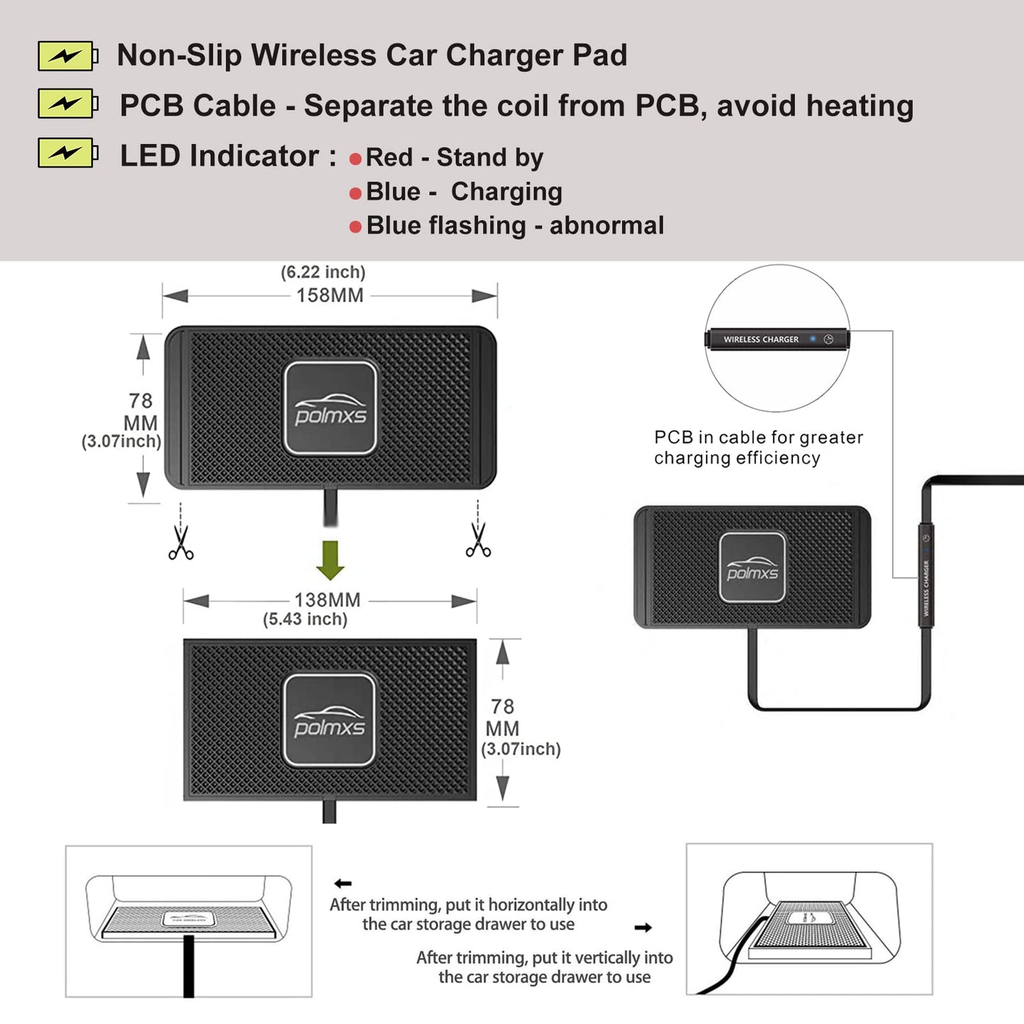 Wireless Charger Car Charging pad,POLMXS 15W Fast Wireless Phone Charger Non Slip Cell Phone Flat Charging mat Compatible with iPhone 11/12/12/14/15 Galaxy S21/S22/S23/24 NOTE10 (30cm Cable)(C2Y)