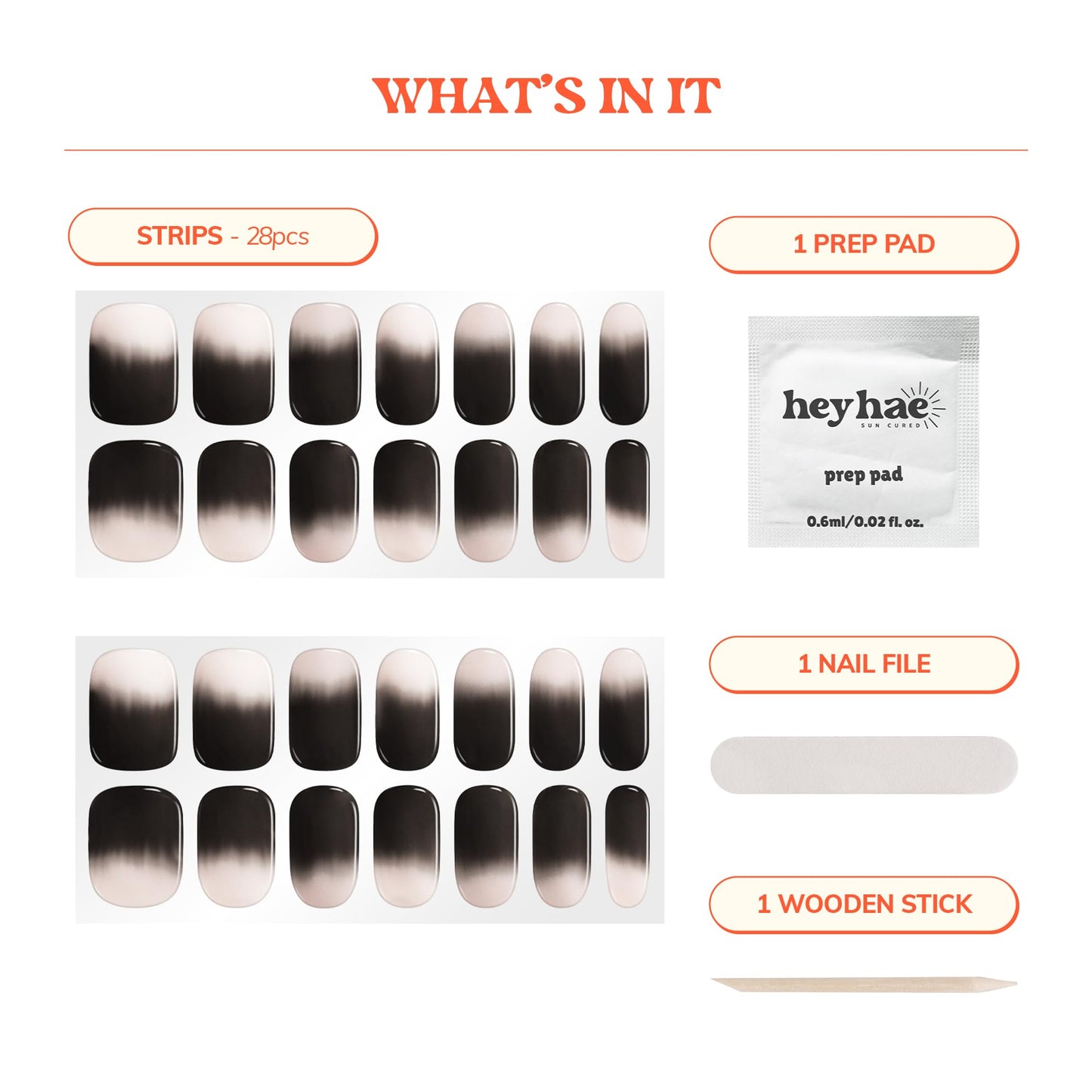 Heyhae Semi Cured Gel Nail Strips | No LED Lamp Needed | Ombre, Black, Pink | Easy Apply & Remove, Salon Quality | Includes 28 Strips, 1 Prep Pads, Nail File & Wooden stick - Hey, Flash On Please