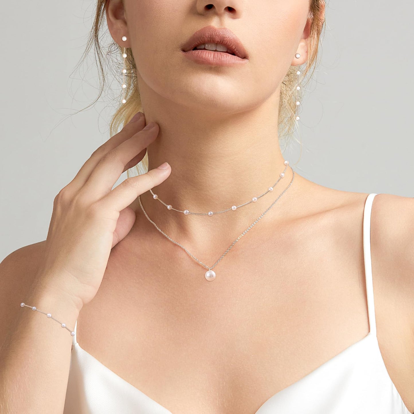 Zeffy Silver Jewelry Set for Women Dainty Pearl Necklace and Earring Set Pearls Drop Earrings Pearls Bracelets Wedding Pearl Jewelry Gift for Brides 4pcs