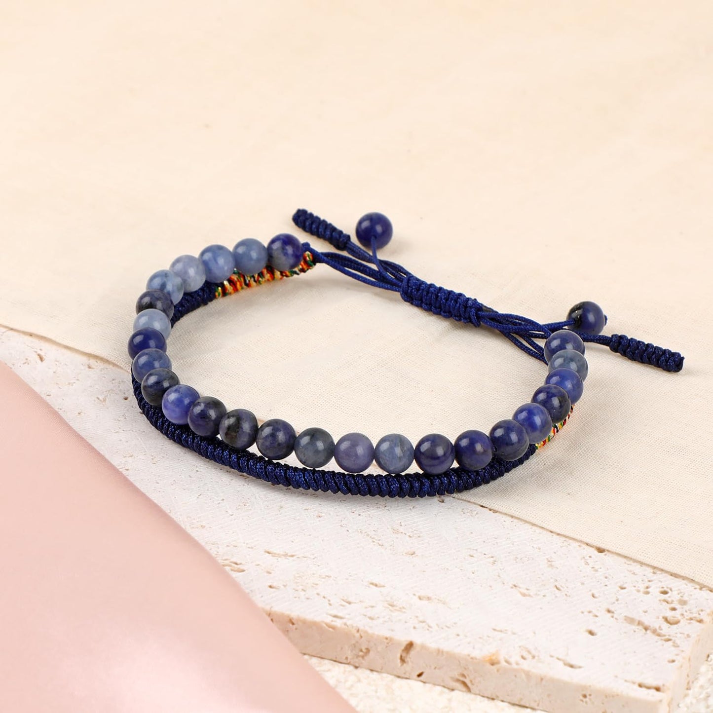 LPBeads 6mm Blue Sodalite Bracelet with Handmade Rope Bracelet Size Adjustable Natural Stone Crystal Healing Bracelets Gifts for Unisex Adults