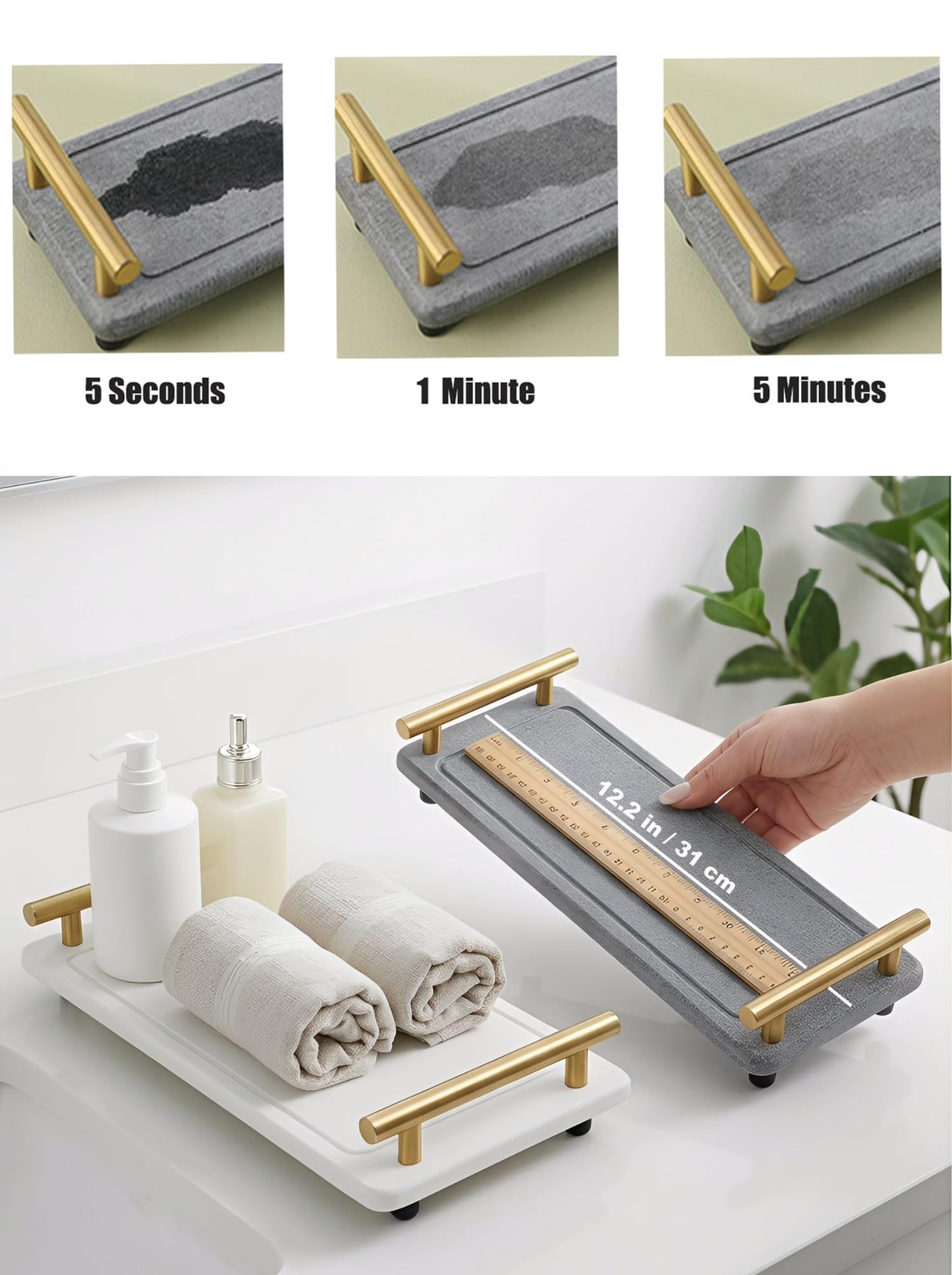 Instant Dry Sink Caddy Organizer,Diatomaceous Earth Bathroom Organizer with Handle Water Absorbing Stone Tray for Sink Water Absorbent Diatomite Coasters (S Gray Gold Handle)