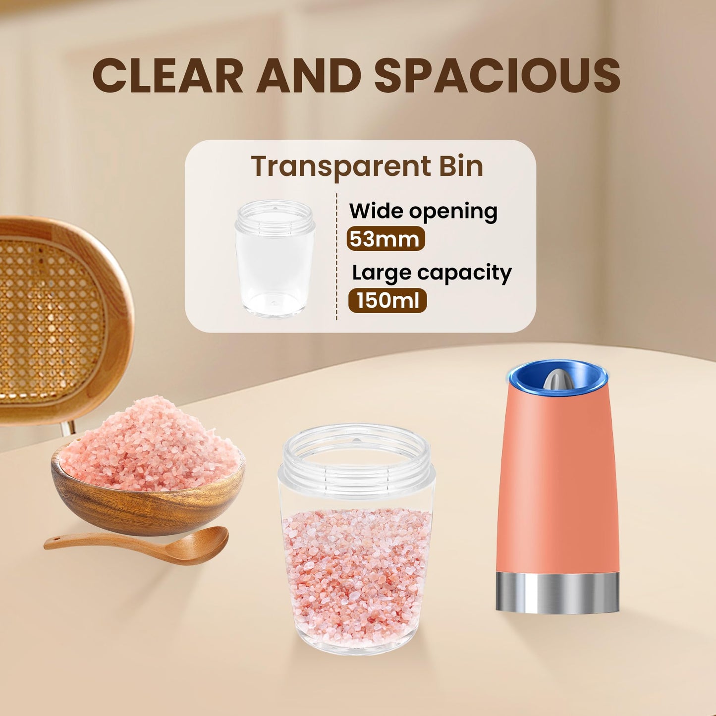 KIARYUOLL Gravity Electric Salt And Pepper Grinder Set, Automatic Salt And Pepper Grinder Set, Battery Powered (6 AAA Batteries Each), Adjustable Roughness, LED Light, 2 Pack, (Pink)