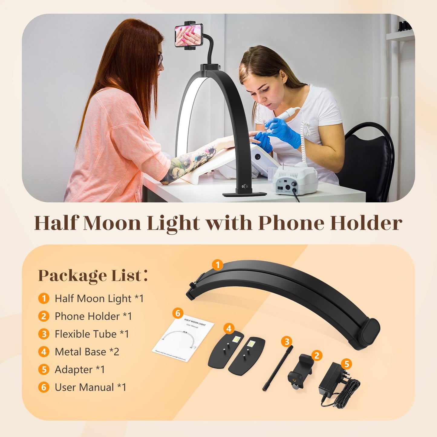 Yokilly Half Moon Light for Nail Desk: 29" Foldable Half Moon Nail Desk Lamp with Phone Holder for Beginner - Arch Tech Light with 3 Color Modes & 10 Brightness for Manicure Salon (Black, Large)