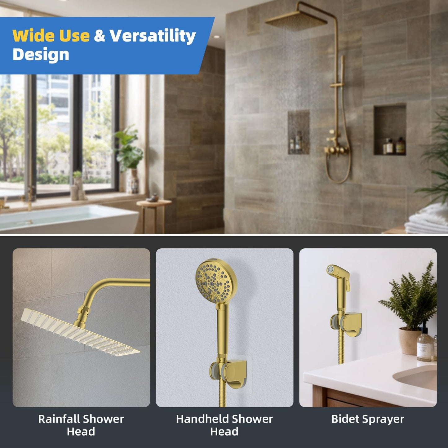 Hibbent All Metal 1 Pack Shower Head Flow Control Valve, G1/2 Brass Shut-off Valve with Metal Handle Lever, Shut OFF Water Flow Control Regulator for Handheld Shower, or Bidet Sprayer, Brushed Gold
