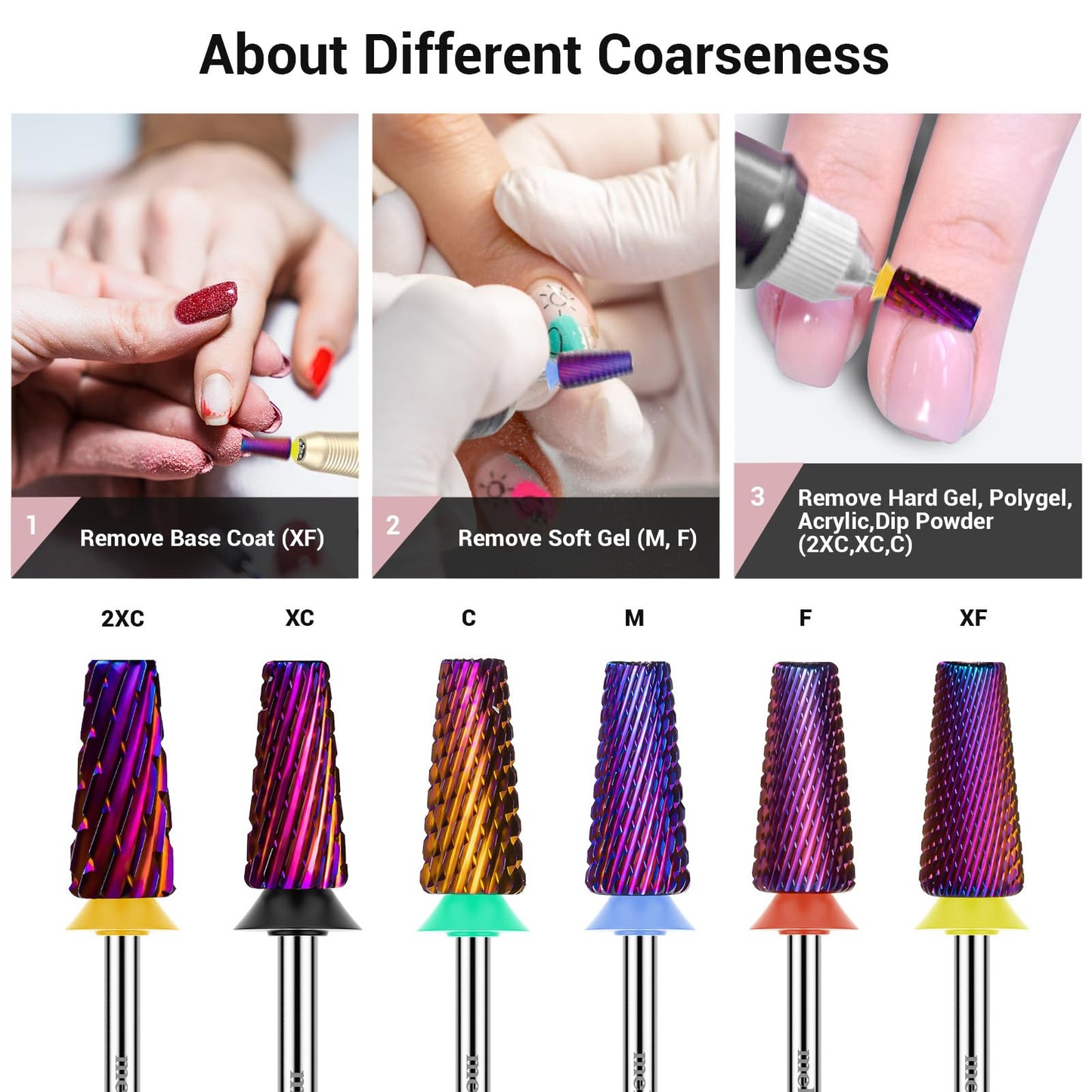 MelodySusie Professional 5 in 1 Nail Drill Bits, 3/32'' Carbide Tungsten Multi-function, Suitable for Manicure Pedicure Cuticle Gel Polishing, Purple, Fine