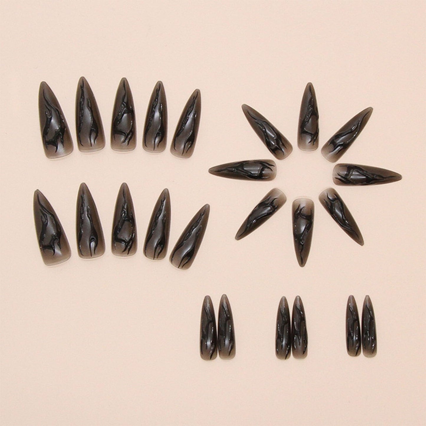 IMRAIN Press on Nails Long Stiletto Fake Nails Black 3D Line Glue on Nails with Designs Full Cover Matte Acrylic Almond Goth Stick on Artificial Nails for Women 24Pcs
