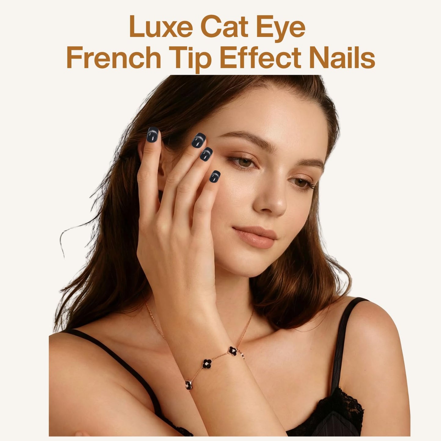 SnypeeLab Black Cat Eye Press on Nails Short Square, French Tip Short Square Glue on Nails for Women Gift, Reusable Soft Gel Press on Acrylic Nail with Designs 24Pcs(Black Silver)