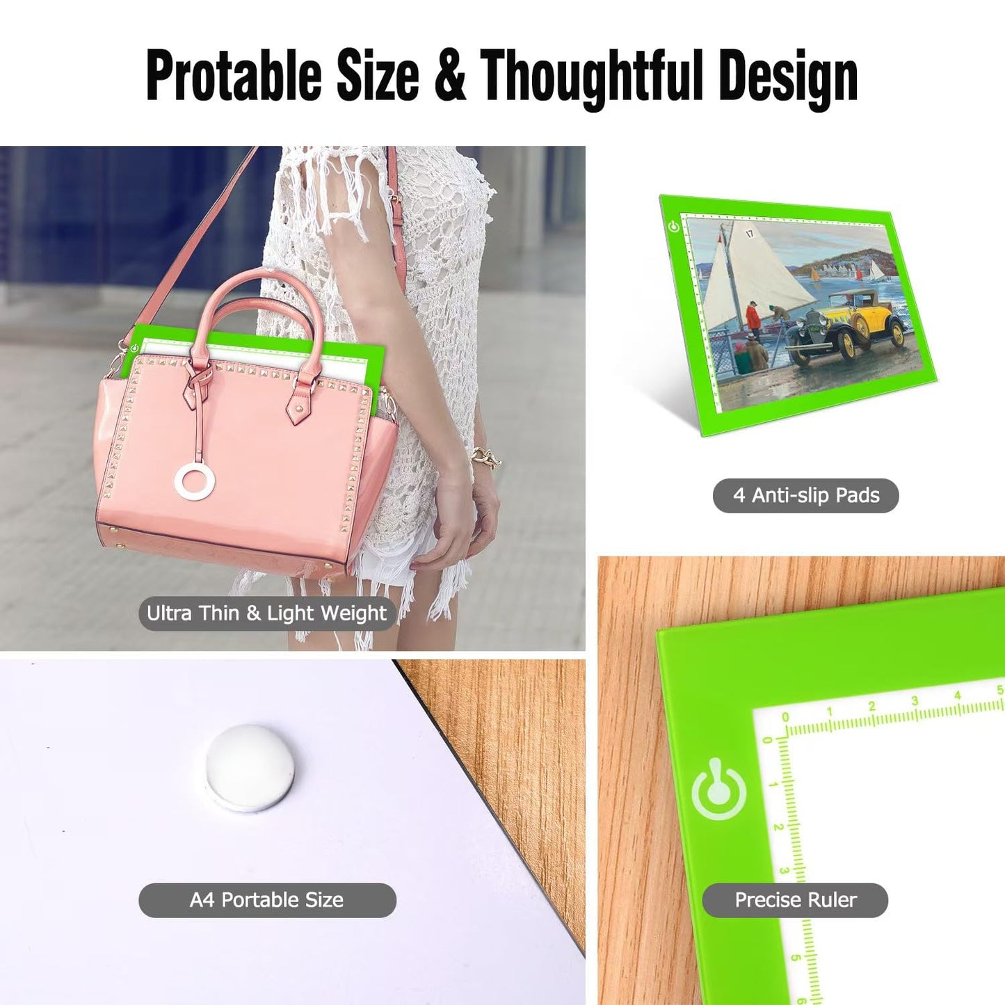 Green A4 Dimmable LED Artcraft Light Box Tracer Slim Light Pad Portable Tablet, USB Power Cable Copy Drawing Board Tracing Table for Artists Designing, Animation, Sketching, Stenciling X-ray Viewing