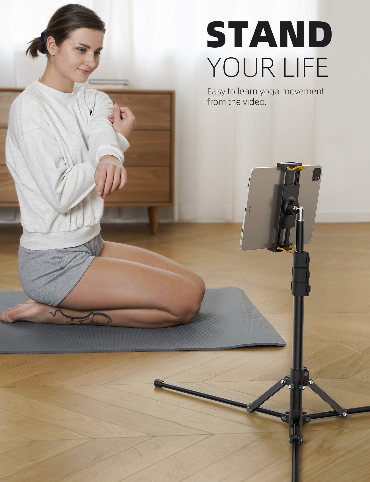 Lamicall Tablet Floor Tripod Stand - 64.9" Tablet Holder Mount with Adjustable Height for Stream/Watching with Bluetooth Remote, Gifts for iPad Pro 12.9/11" Mini, Air, iPhone, 4.7-13" Devices