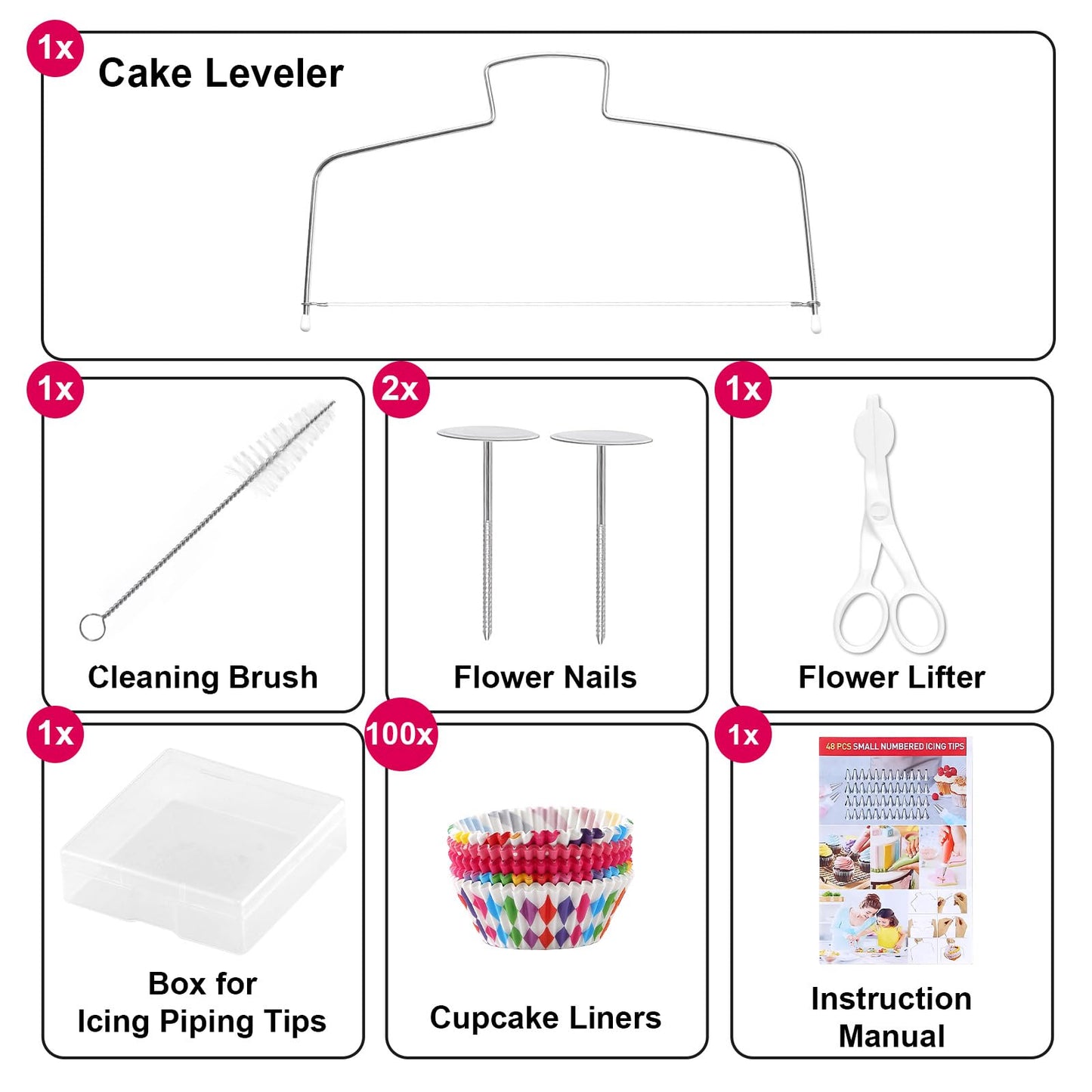 Gymdin 222 PCS Cake Decorating Kit - Includes Cake Turntable, Leveler, Piping Bags and Tips Set, 2 Frosting Spatulas, 3 Scrapers, 100 Cupcake Liners, Booklet and more Decorating Supplies
