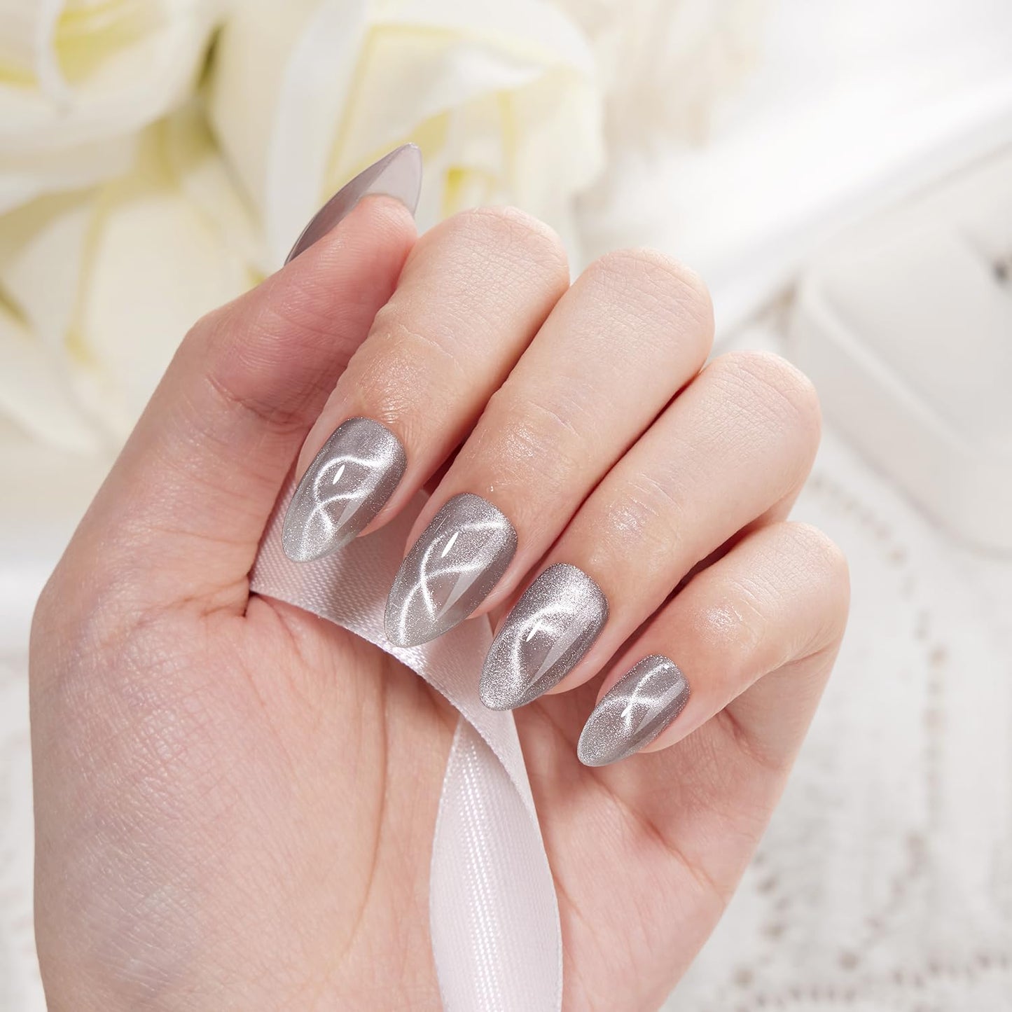 VSALON Press On Nails Short Almond, Cat Eye Spring Glue on Nails Silver Shimmer Ribbon Sparkly Fake Nails With UV Glue Reusable Salon Quality Swirl Summer Stick on Nails for Women - 32 Pcs 16 Sizes