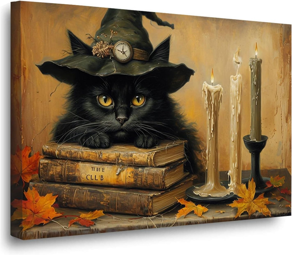 Vintage Halloween wall decoration black cat and magic book suitable for home bedroom living room decoration dark classic art witch wall decoration28x40in Wood Framed